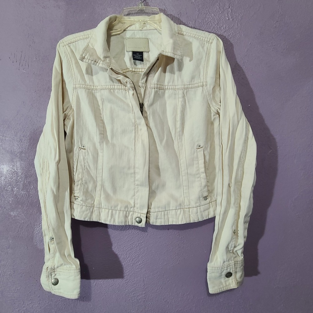 Calvin Klein Jeans Light Denim Jacket Womens Large Cream Zip Up Cropped WF25J13